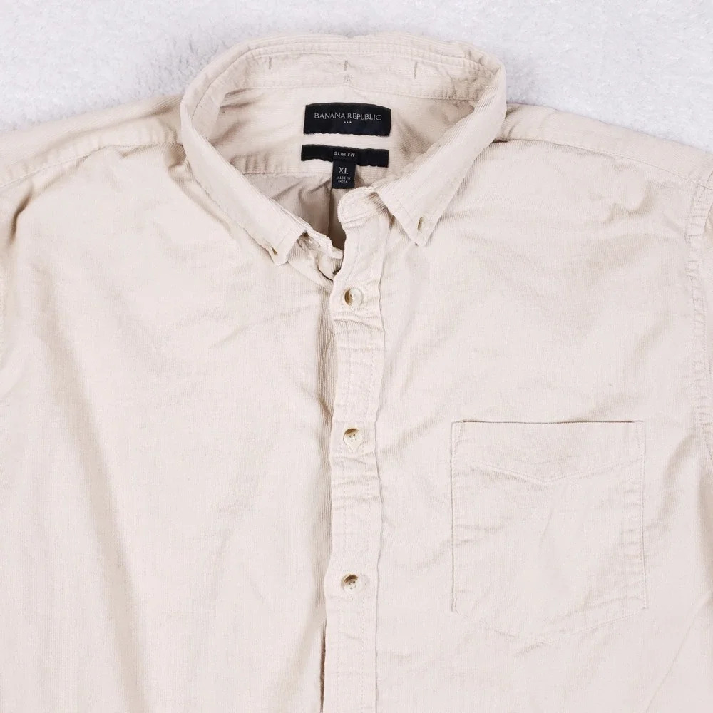 Banana Republic Men XL Slim Fit Corduroy Button Down Shirt Tan Beige Long Sleeve